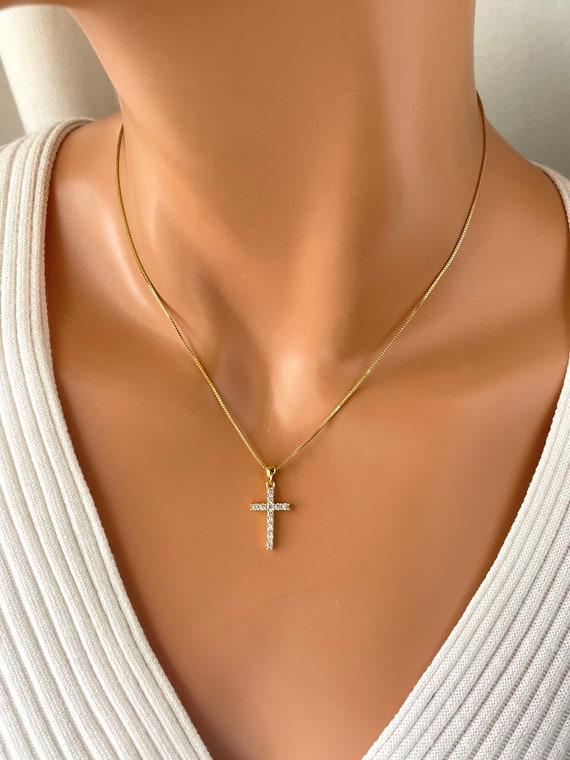 14K gold filled cross charm necklace for women girls small crystal Cross necklaces, Christian Faith, CZ cross pendant, gift for girls,  mom