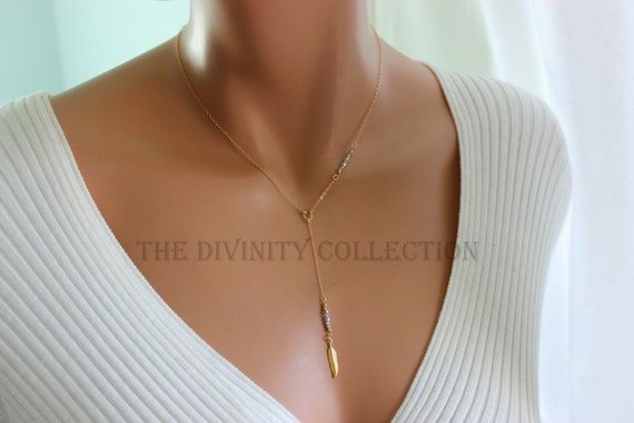 Feather Pendant Necklace Gold Filled Lariat Y Style Long Drop Crystals Simple Delicate Necklaces Women Unique Custom Jewelry Gift