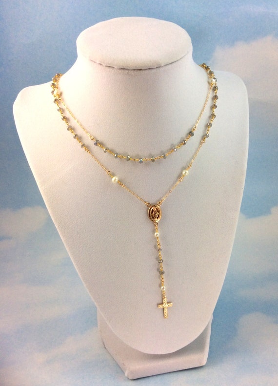14k gold filled rosary, necklace, pearl labradorite, multi, strand, cross, necklaces, miraculous metal, religious jewelry, Catholic