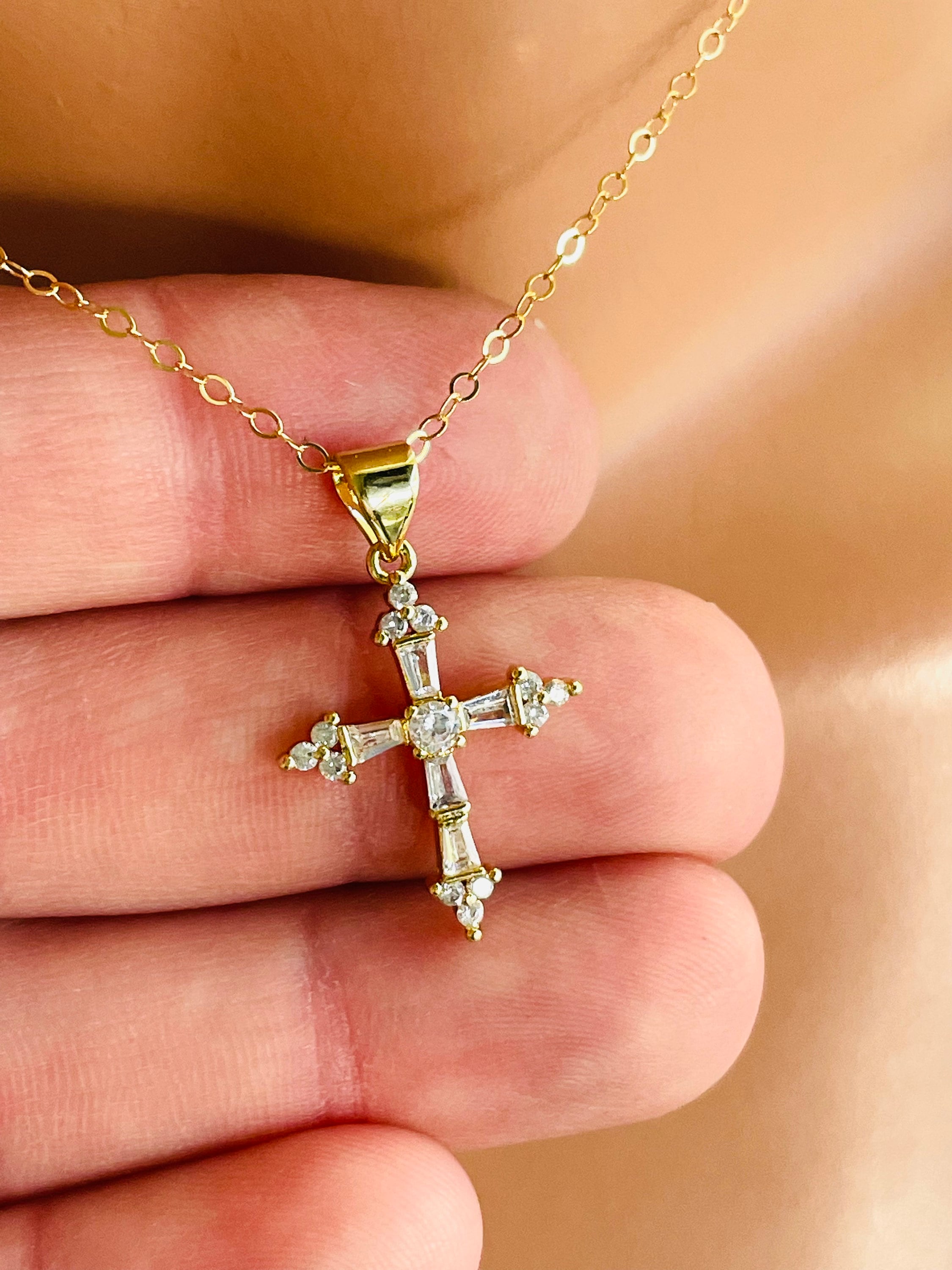 Gold Crystal Cross Necklace Women Girls Small Gold Filled Cross