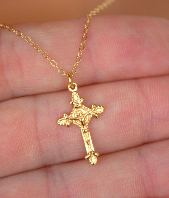 Rose Gold Crucifix Cross Necklace Women Girls Gold Filled Charm Necklaces Catholic Jewelry Girls Confirmation  Jesus Gift