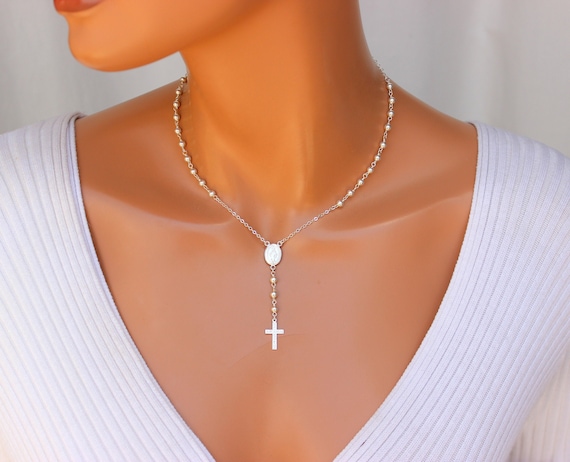 Sterling Silver Rosary Necklace Choker Adjustable Women Protection Miraculous Medal Cross Charm 14k Gold Filled Rosary Rose Gold Rosary