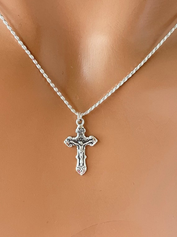 Small Sterling Silver Crucifix Necklace Women Girls Catholic Cross Charm Gold Crucifix Necklaces Jewelry Confirmation Gift Religious Jesus