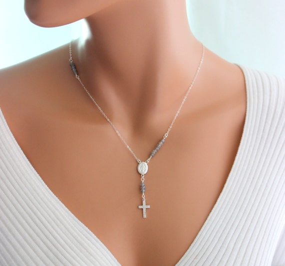 Rosary Necklace Sterling Silver Unique Y Style Cross Necklaces Gold Filled Labradorite Simple Delicate 7.5.3 Symbloic Jewelry Gift for her