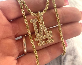 Gold LA pendant necklace for men large pave LA necklaces, Baller chains, 14k gold filled thick rope chain ice jewelry gift Los Angeles pride