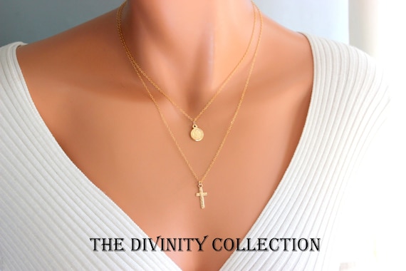 Saint Benedict Necklace Multi Strand Gold Filled Crucifix Cross Double Layer Catholic Jewelry Confirmation Gift Protection Pendant Charm