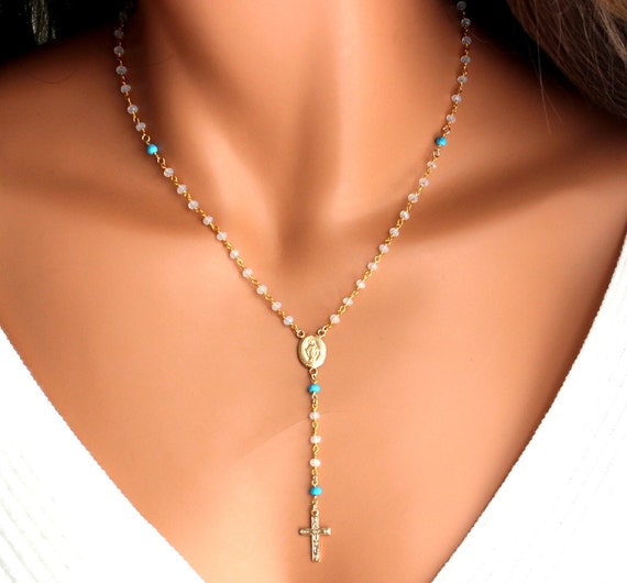 Rosary Necklace Gold Filled or Sterling Silver Turquoise Cross Necklaces Women Catholic Christian Religious Spiritual Jewelry Gift for her