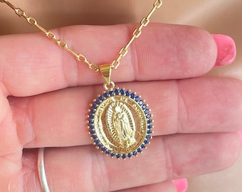 Gold Guadalupe pendant necklace for women blue gift  jewelry Virgin Mary charm necklace colorful necklaces Catholic gold filled gifts