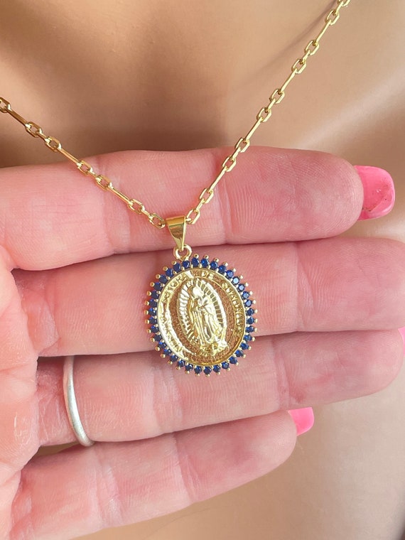 Gold Guadalupe pendant necklace for women blue gift  jewelry Virgin Mary charm necklace colorful necklaces Catholic gold filled gifts