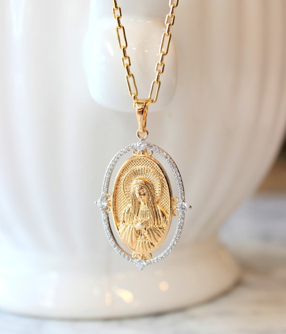 Gold Filled Virgin Mary Necklace Women Two Tone Large Mary Charm Necklaces Religious Charm Virgin Mary Pendant Catholic Jewelry Gift for Mom