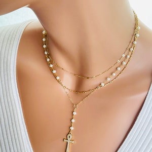 Gold Ankh Necklace Women Pearl Necklace Double Choker Multi Strand Necklaces Egyptian Jewelry READ BELOW on how to order set image 3