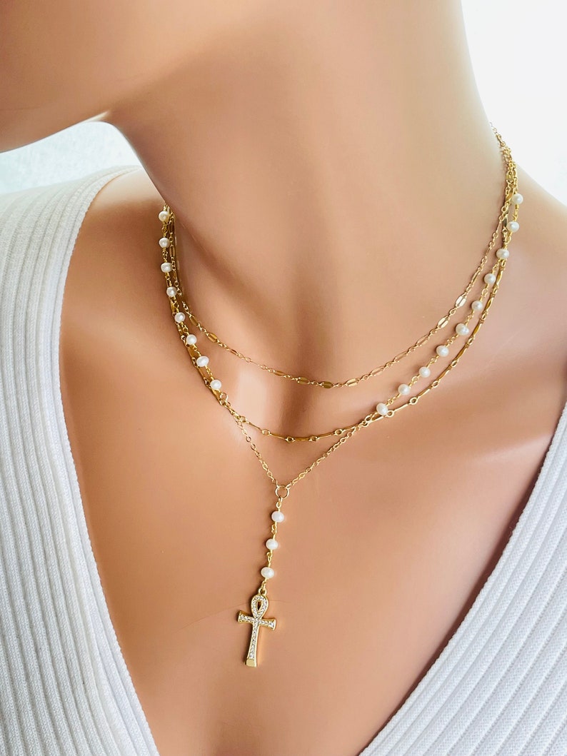 Gold Ankh Necklace Women Pearl Necklace Double Choker Multi Strand Necklaces Egyptian Jewelry READ BELOW on how to order set image 3