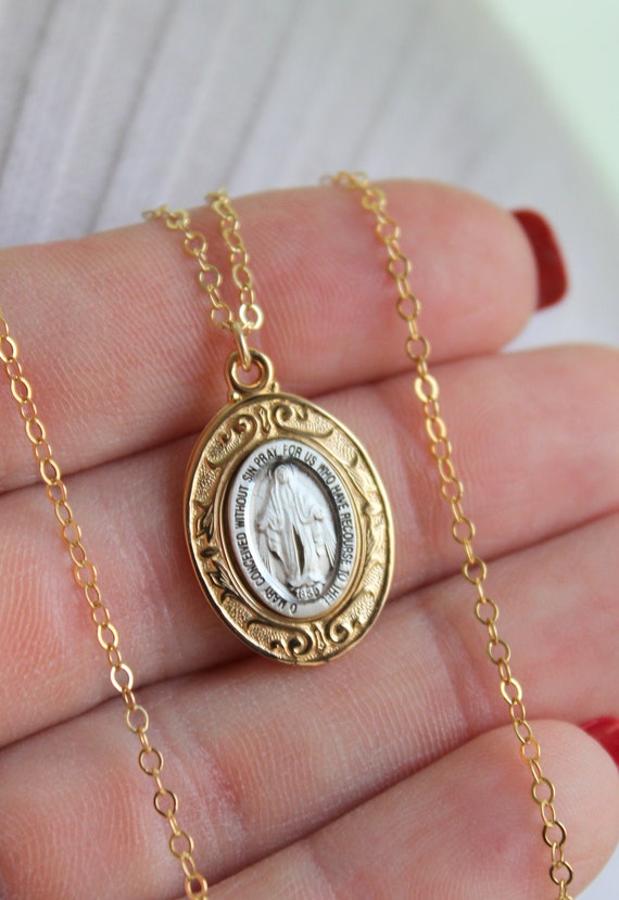 Gold Mary Miraculous Charm Necklace Virgin Mary Charm Necklace Sterling Silver Religious Necklaces Confirmation Gift Catholic Jewelry