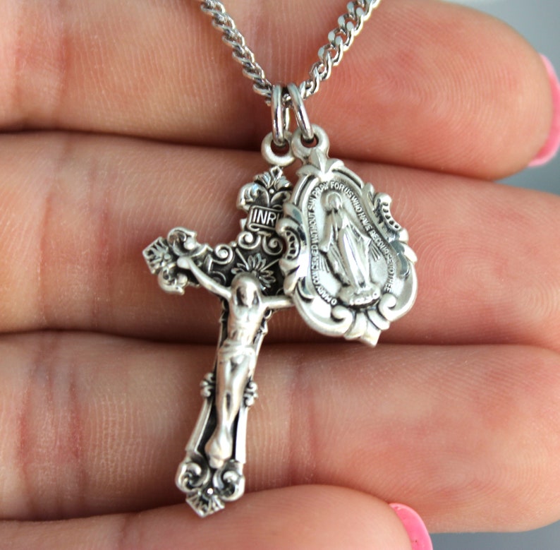 BEST SELLER Sterling Silver Crucifix Cross Pendant Miraculous Medal Double Pendant Necklaces Gold Men Women Unisex Superb Quality Jewelry
