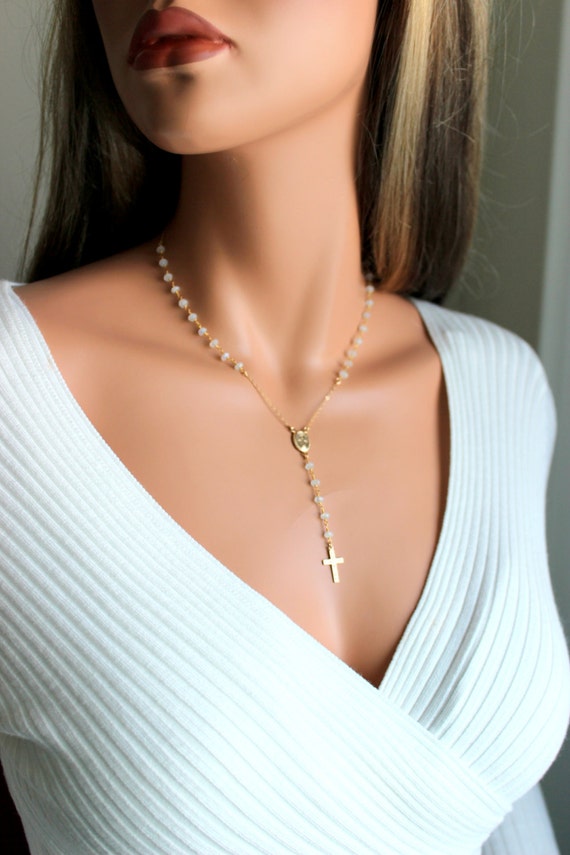 Rosary Necklace Moonstone Gemstones Womens 14kt Gold Filled Cross Pendant Miraculous Medal Custom Rosaries Crosses