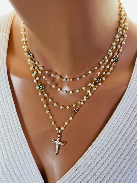 Gold Cross Necklace Women Crystal Cross Pearl Necklace Multistrand Evil Eye Necklace Pearls Ladies Jewelry Gift for her