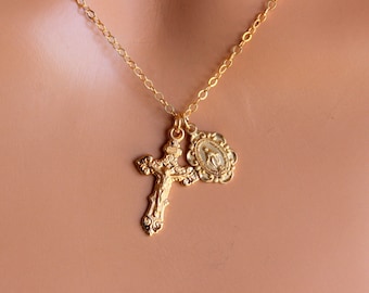 BEST SELLER Gold Crucifix Cross Pendant Medal Sterling Silver Double Charm Necklaces Catholic Jewelry Superb Girls Confirmation Gift