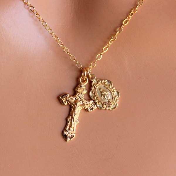 BEST SELLER Gold Crucifix Cross Pendant Medal Sterling Silver Double Charm Necklaces Catholic Jewelry Superb Girls Confirmation Gift