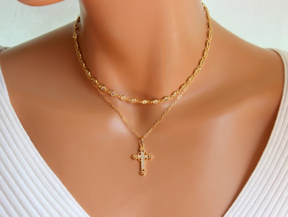 Gold Cross Necklace Women, Crystal Cross Pendant, Gold Filled Cross, Cross Charm, Religious Christian Jewelry Women Gift