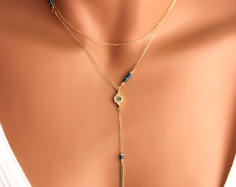 Gold Evil Eye Necklace, Sterling Silver Blue Crystal Y Lariat