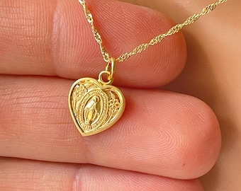 Delicado collar con colgante de corazón y medalla milagrosa de María en oro, cadena de Singapur, regalo para bautismo católico, comunión o confirmación para niñas.