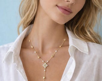 Elegante collar tipo lariat Quatrefoil chapado en oro de 14 quilates, cadena de perlas en forma de estrella, joyería de trébol con circonitas cúbicas para mujer.