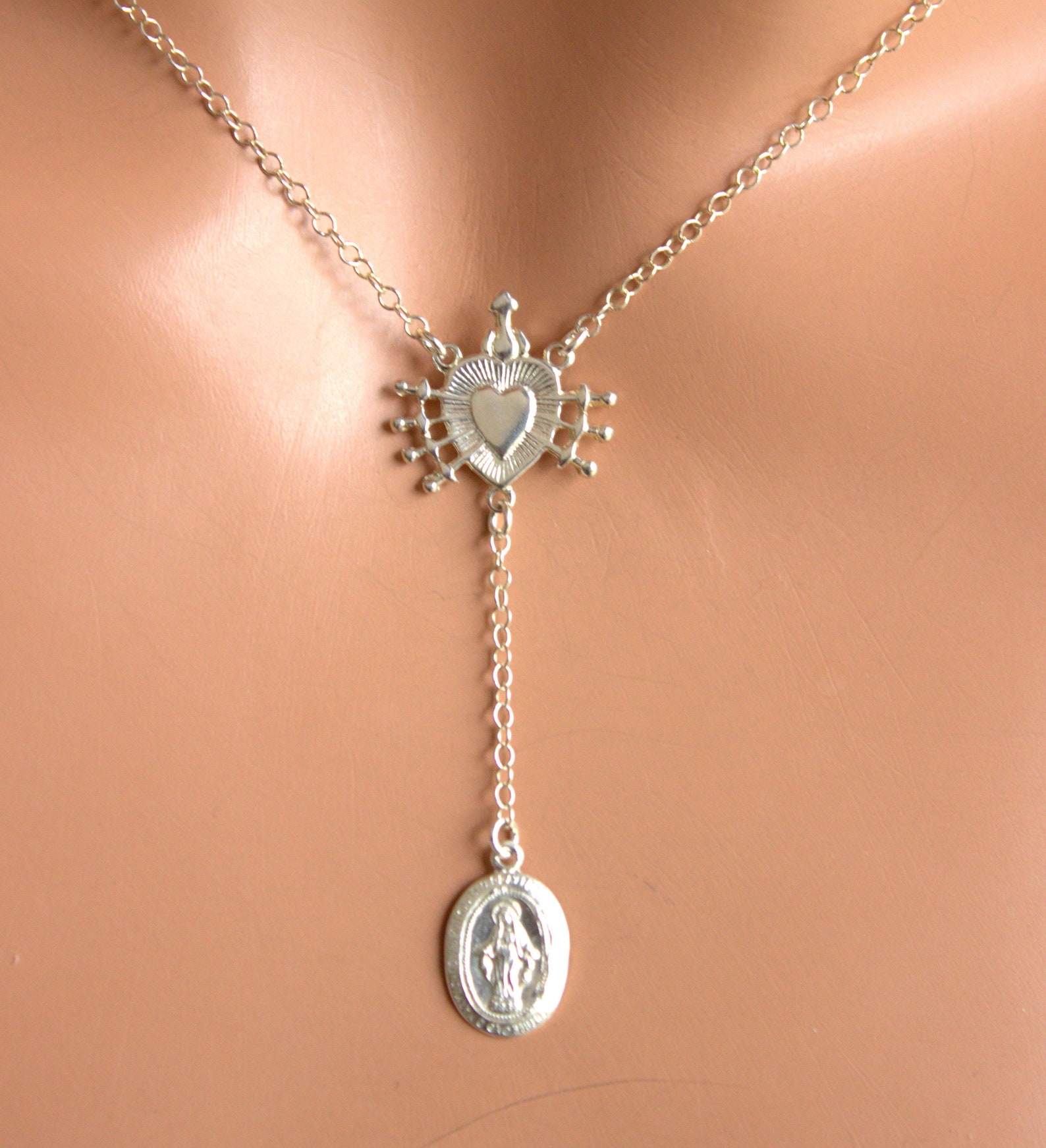 Sterling Silver Sacred Heart of Jesus Rosary, Miraculous Charm Necklace ...