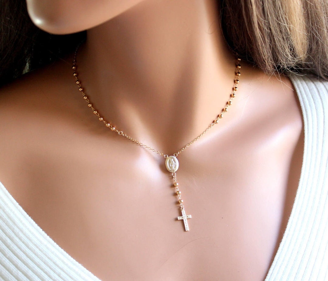Gold rosary bead necklace outlet