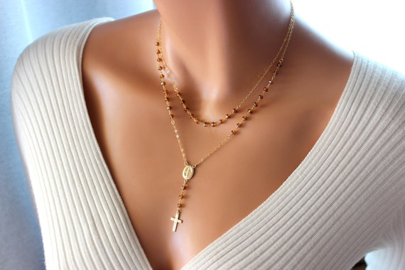 Gold Rosary Necklace Women Brown purple AB Crystal Beads Sterling Silver Religious Cross Necklaces Bridal Jewelry Custom Confirmation Gift