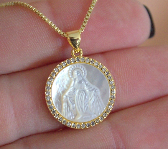 BEST SELLER Gold Mary Pendant Necklace Women Miracilous Charm Silver Mother of Pearl Virgin Mary Charm Women Religious Gift