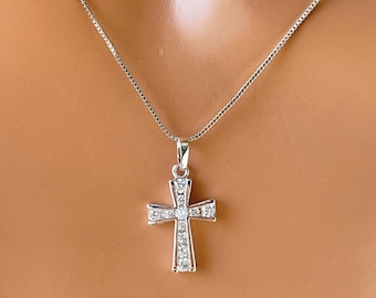 14k White Gold Filled Cross Necklace: Baguette & Princess Cut CZ Pendant, Adjustable Box Chain