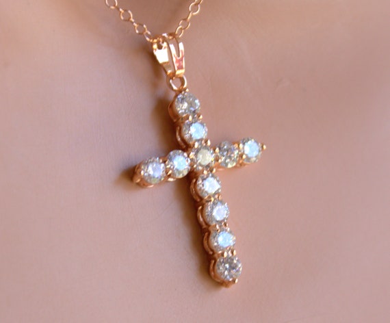 Large Rose Gold Crystal Cross Pendant  Necklace Women Christian JewelryGift High Quality