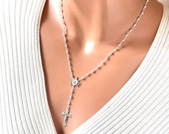 Rosario de plata de ley: Sagrado Corazón, crucifijo, joyería religiosa chapada en oro de 14 k