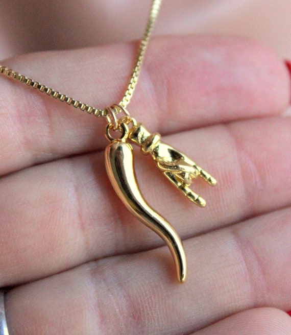 Gold Mano Cornuto Hand Horn Charm Necklace Gold Hand Women Box Chain Italian Pride Protection Double Charm READ DESCRIPTION