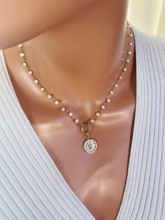 SALE Pearl necklace Angel Necklace Pearl Choker Toggle Necklaces Women Girls Angel Pendant Necklaces Confirmation Gift Protection Necklace