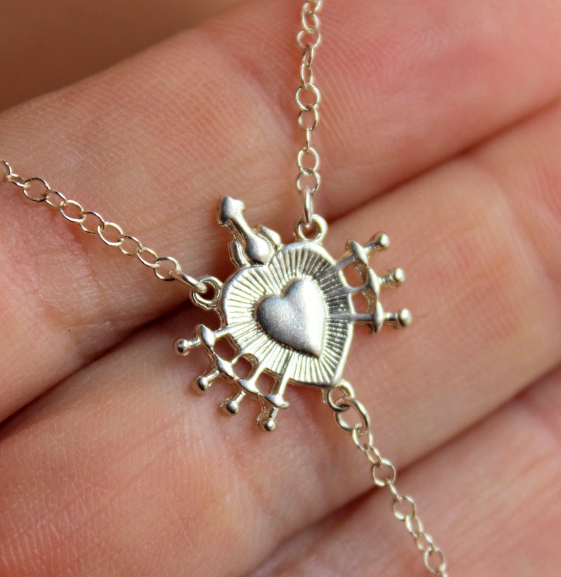 Sterling Silver Sacred Heart of Jesus Rosary, Miraculous Charm Necklace ...