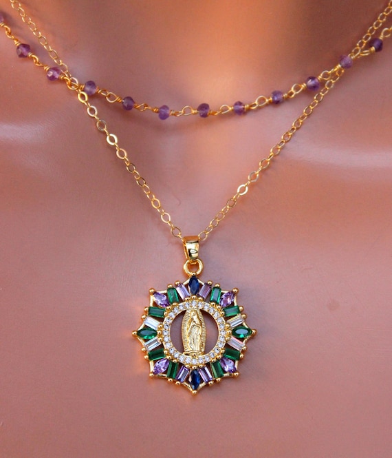 SALE Our Lady of Guadalupe  Necklace Gold Mary Charm Necklace Double Strand Necklace Set Amethyst Virgin Mary Necklace Religious Jewelry