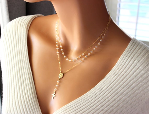 Gold Rosary Necklace Women Crystal Beads Sterling Silver Bride Necklaces Bridal Jewelry