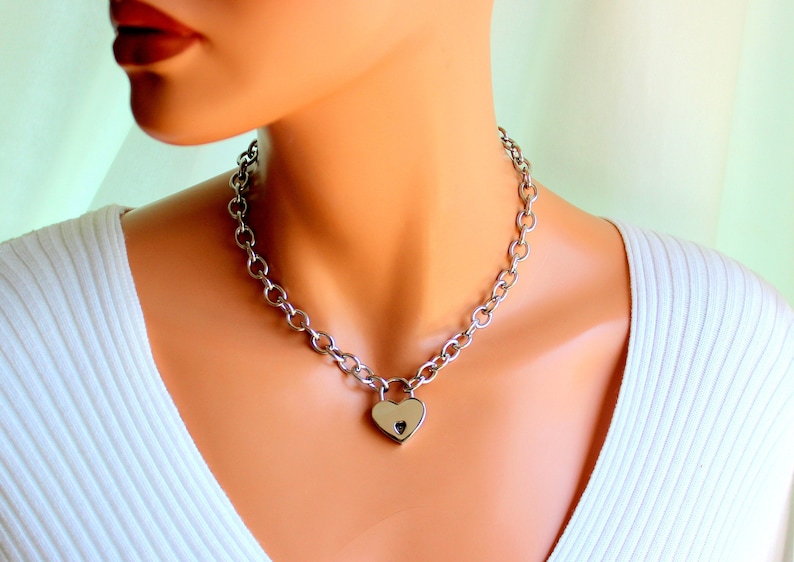 Chunky Stainless Steel Choker Chain Heart Pad Lock Necklace Etsy