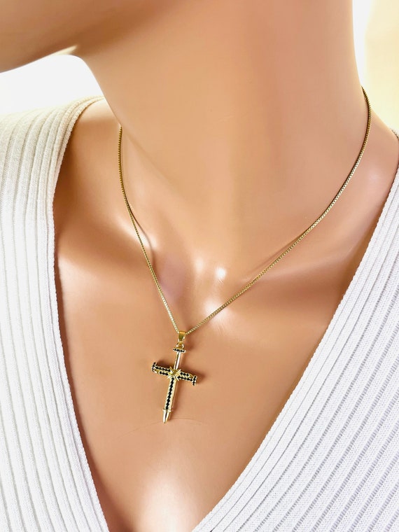 Gold Nail cross pendant necklace box chain women men black CZ 14 K gold filled gift large cross charm necklaces