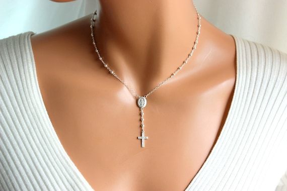 Sterling Silver Rosary Necklace Women Cross Necklace Rose Gold Confirmation Gift  Christian Jewelry