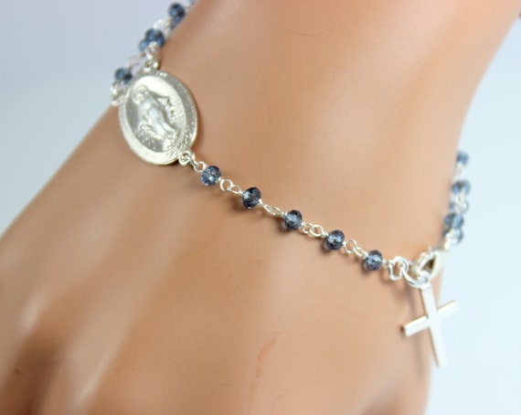 Sterling Silver Rosary Bracelet London Blue Crystals Bridemaid Gift Confirmation Custom Jewelry Women Custom Bracelets Men Catholic