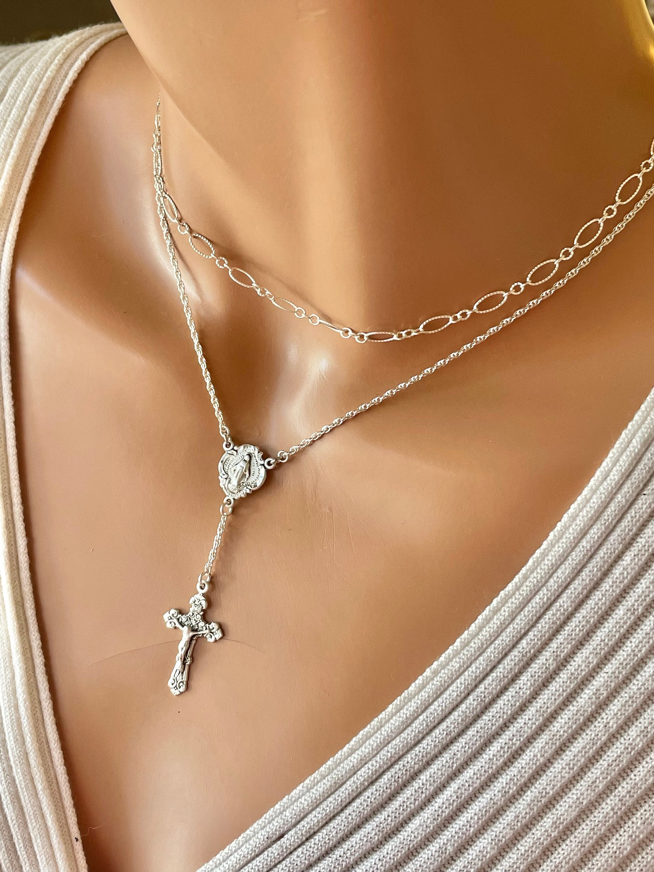Silver rosary necklace sale women's