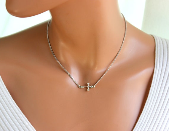 Stainless Steel Sideways Cross Necklace Women Girls Small Silver Sideways Cross Sideway Cross Charm Necklace Christian Gift Faith Medium