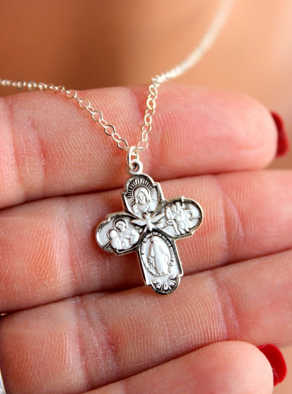 Sterling Silver Four Way Cross Necklace Women Gold Fourway Cross Charm Neckalce Sacred Heart Cross Cruciform Religious Catholic Jewelry Gift