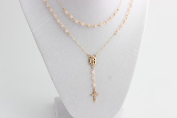 Rosary Necklaces Rose Quartz Gold Filled or Sterling Silver Cross 14kt Goldfilled Miraculous Double Layer Rosaries Custom