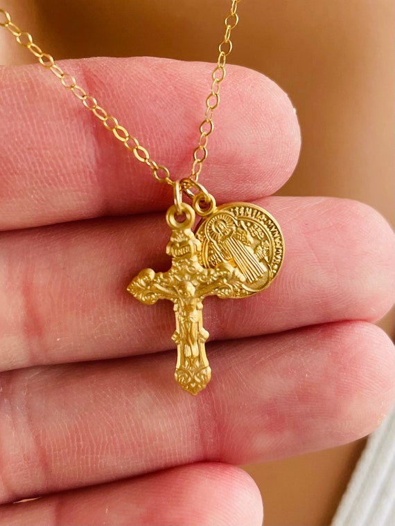 Gold St Benedict Cross Necklace Sterling Silver Small Double Charm Crucifix Cross Pendant Protection Catholic Jewelry Gift Women