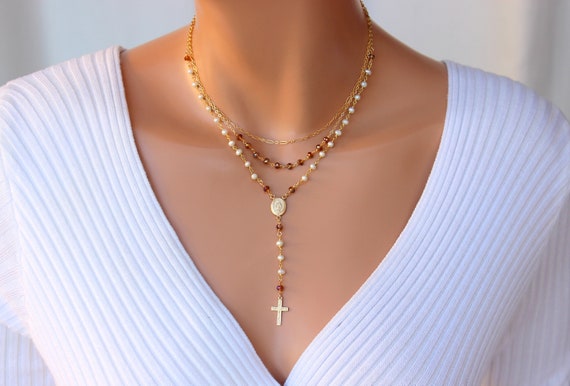 Pearl Rosary Necklace Women Crystals Multi Strand Cross Miraculous Medal Sterling Silver Catholic Rosaries Gift for her