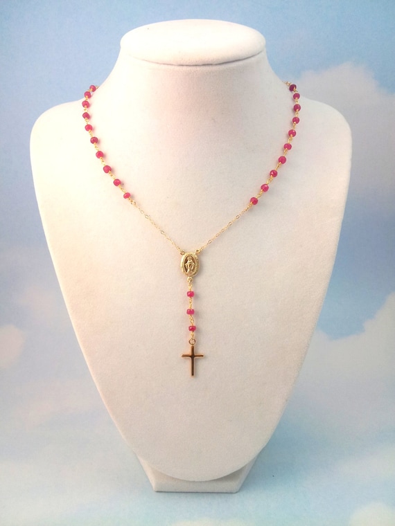 BEST SELLER Gold Rosary Necklace Ruby Catholic Cross Miraculous