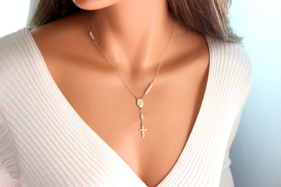 Rosary Necklace Inspired Y Style Freshwater Pearls Gold Filled Cross or Sterling Silver Minimalist Delicate 7 5 3 Symbloic Jewelry Gift